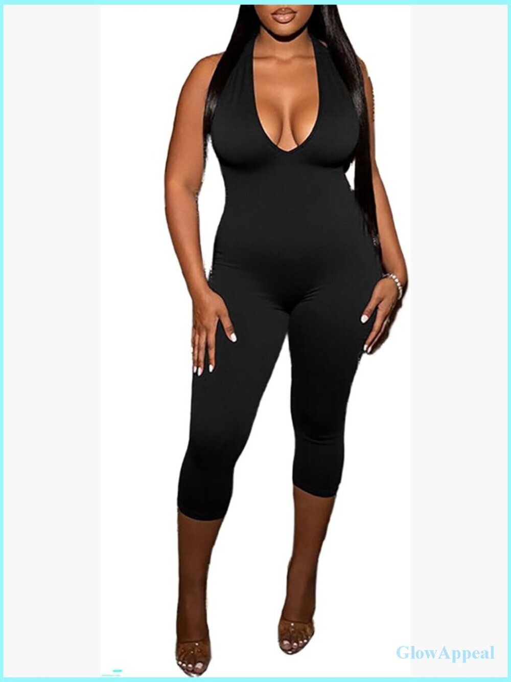 Deep V Neck Sleeveless Backless Bodycon Capri Jumpsuit Halter Party Romper One